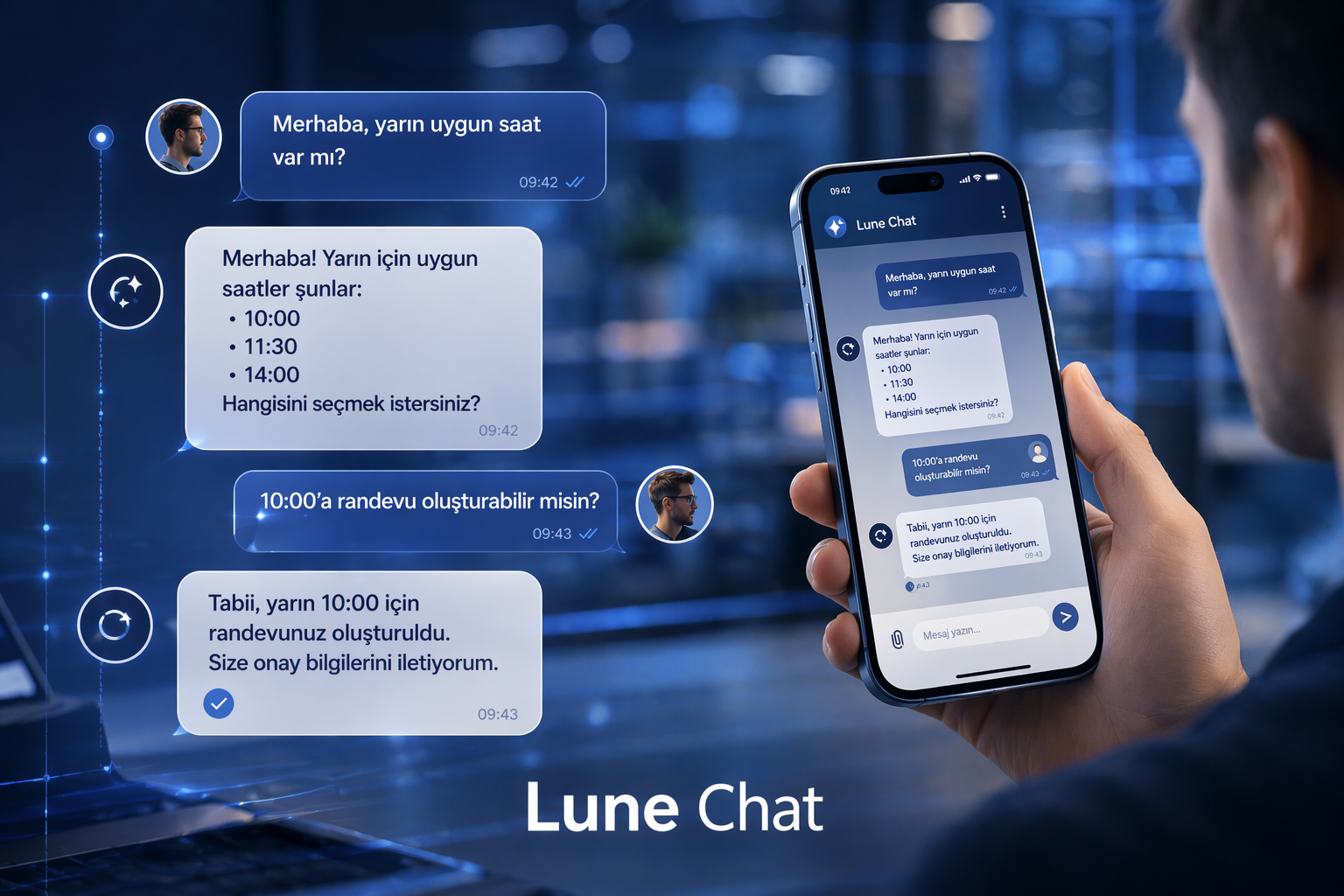 Lune Chat için yazılı müşteri karşılama görseli