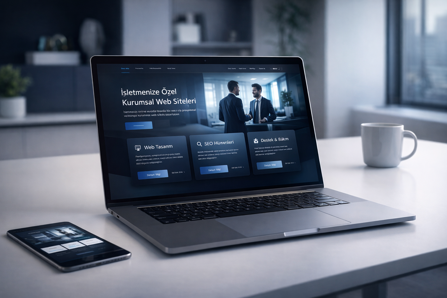 İşletmeye özel website çözümü için premium laptop üzerinde web arayüzü